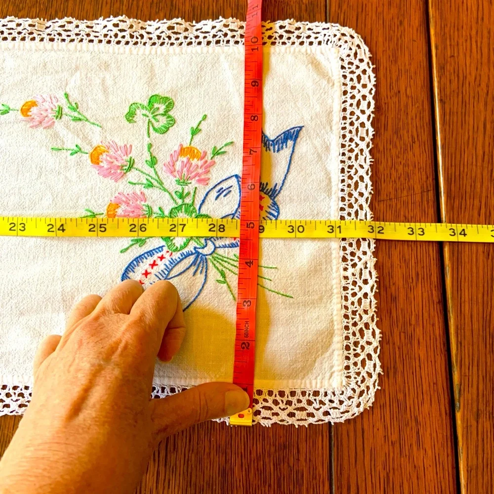 Vintage Hand Embroidered Floral Table Runner With Crochet Trim